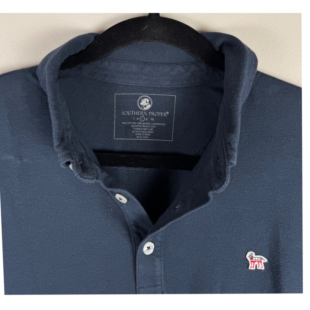 Southern Proper Mens Navy Blue Cotton Modal Stretch Polo Shirt Size Large - Picture 2 of 5